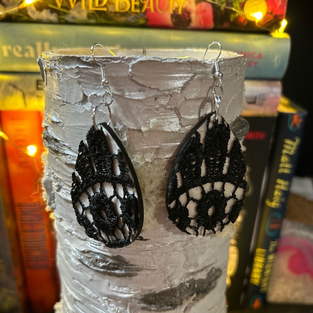 Handmade Black lace wooden earrings brand new